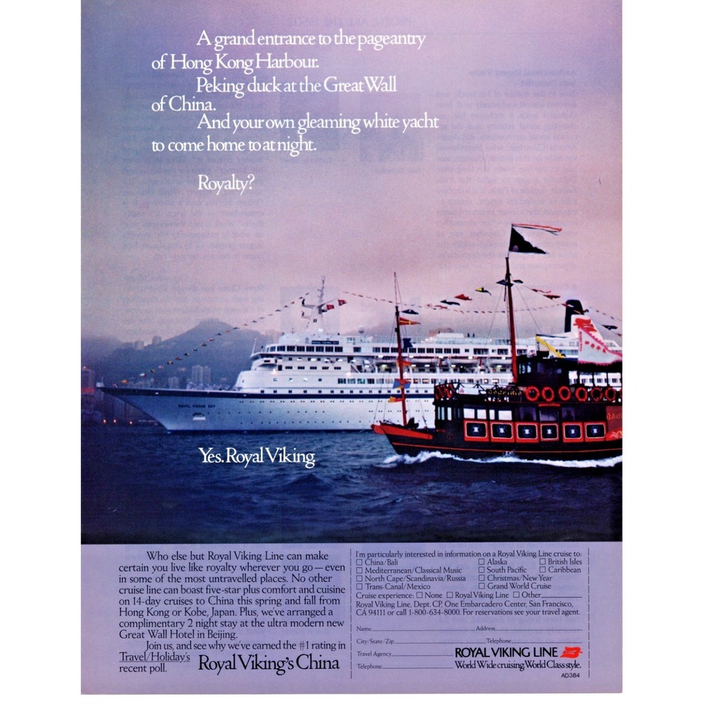Royal Viking Line 1984 Vintage‎ Print Ad Hong Kong Harbour China Cruise 80s Art